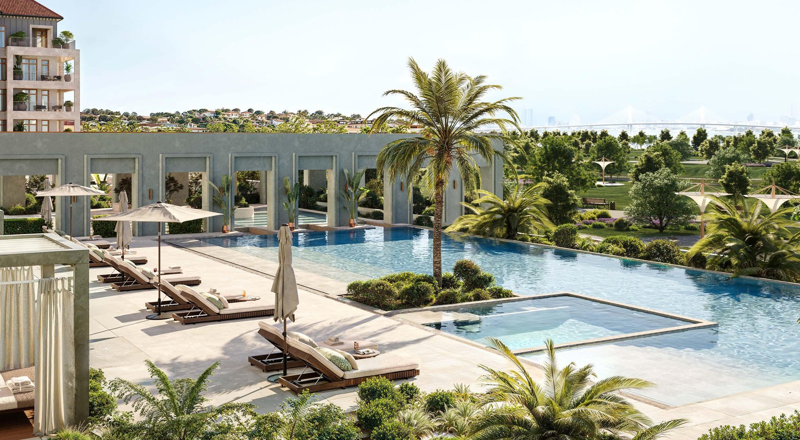 Sunset over Nawayef Park Views community plaza near Nawayef Souq, highlighting vibrant social spaces and outdoor dining